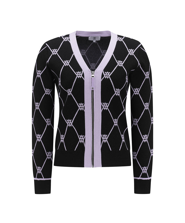 ANEW Golf Women Monogram Logo Entrasia Cardigan in fresh colors with a net-like logo jacquard pattern, showcasing its stylish design.